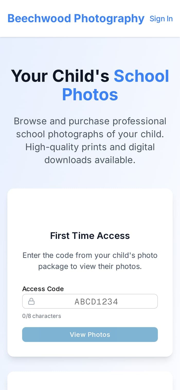 A parent's phone showing the gallery entry screen with the access code already filled in